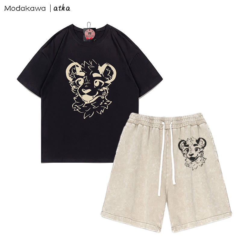 Freches T-Shirt mit Tigergesicht-Grafik und verwaschenen Vintage-Shorts, zweiteiliges Set - Black&Apricot - 3XL - image 6