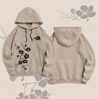 MODAKAWA Vintage Pullover Hoodie mit Pflaumenblüten-Grafik - Khaki - 8XL - image 2