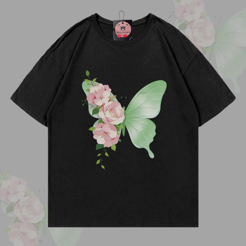 MODAKAWA T-Shirt mit Blumen- und Schmetterlingsgrafik - Black - 5XL - image 5