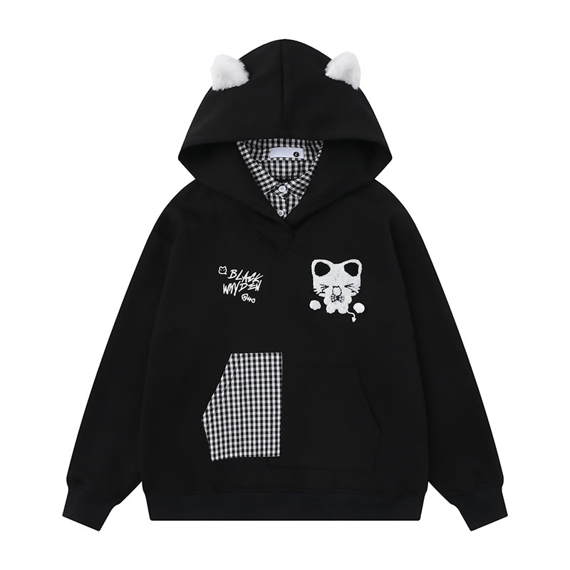 Gefälschte zweiteilige Kapuzenjacke mit Katzenohren und Karomuster - Schwarz - XL - image 3