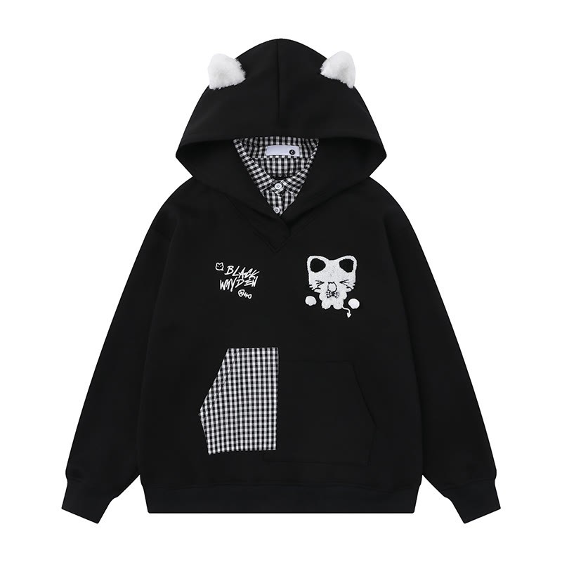 Gefälschte zweiteilige Kapuzenjacke mit Katzenohren und Karomuster - Schwarz - XL - image 3