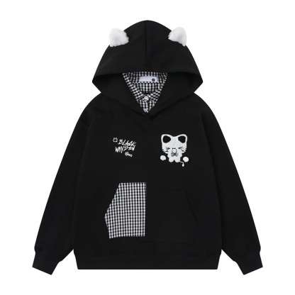 Gefälschte zweiteilige Kapuzenjacke mit Katzenohren und Karomuster - Schwarz - XL - image 3