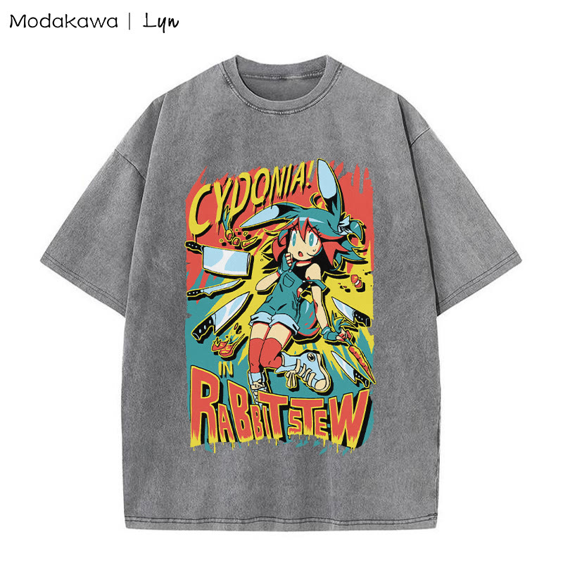 MODAKAWA X Lyn CYDONIA RABBIT STEW Bunny Girl Grafik Unisex Vintage Washed T-Shirt - Grey - 5XL - image 3