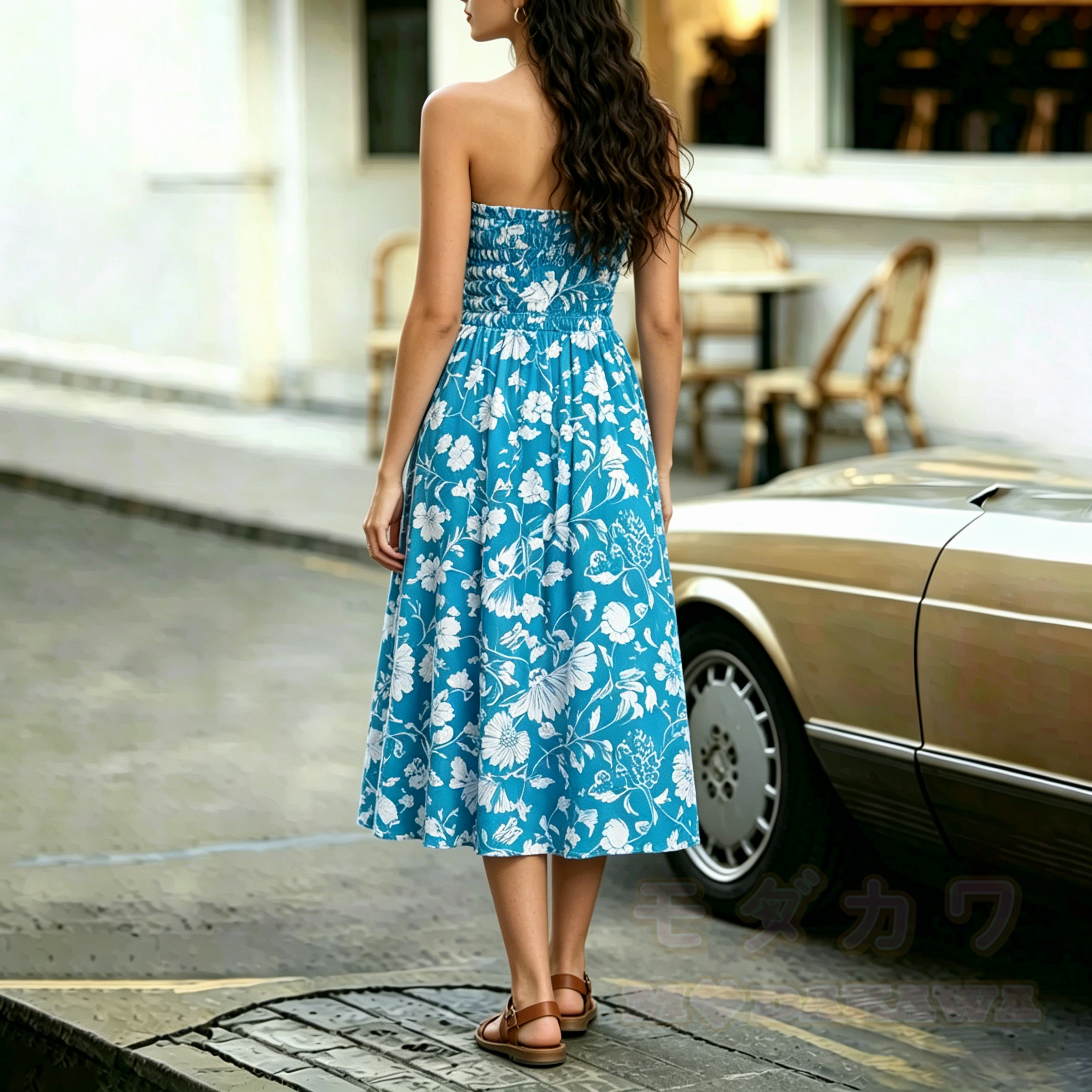 2-in-1-Kleid in Blau mit Blumenmuster, gerafft und trägerlos – trägerloses Midikleid - image 4