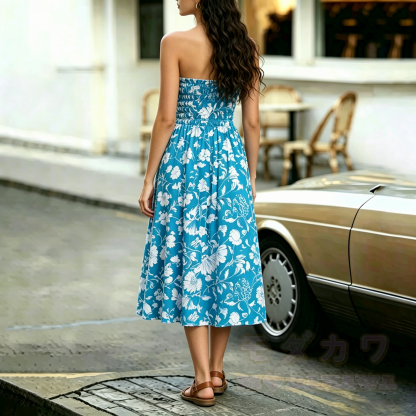 2-in-1-Kleid in Blau mit Blumenmuster, gerafft und trägerlos – trägerloses Midikleid - image 4