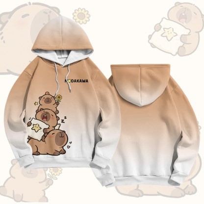 Capybara Stack Graphic Modakawa Pullover Hoodie - Brown & White - 6XL - image 2