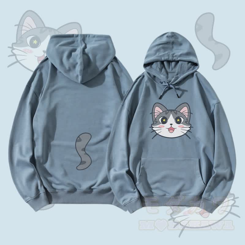 MODAKAWA Streetwear-Pullover-Hoodie mit Katzenmotiv (Gesicht und Schwanz) - Staubiges Blau - 5XL - image 3