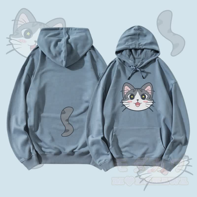 MODAKAWA Streetwear-Pullover-Hoodie mit Katzenmotiv (Gesicht und Schwanz) - Staubiges Blau - 5XL - image 3