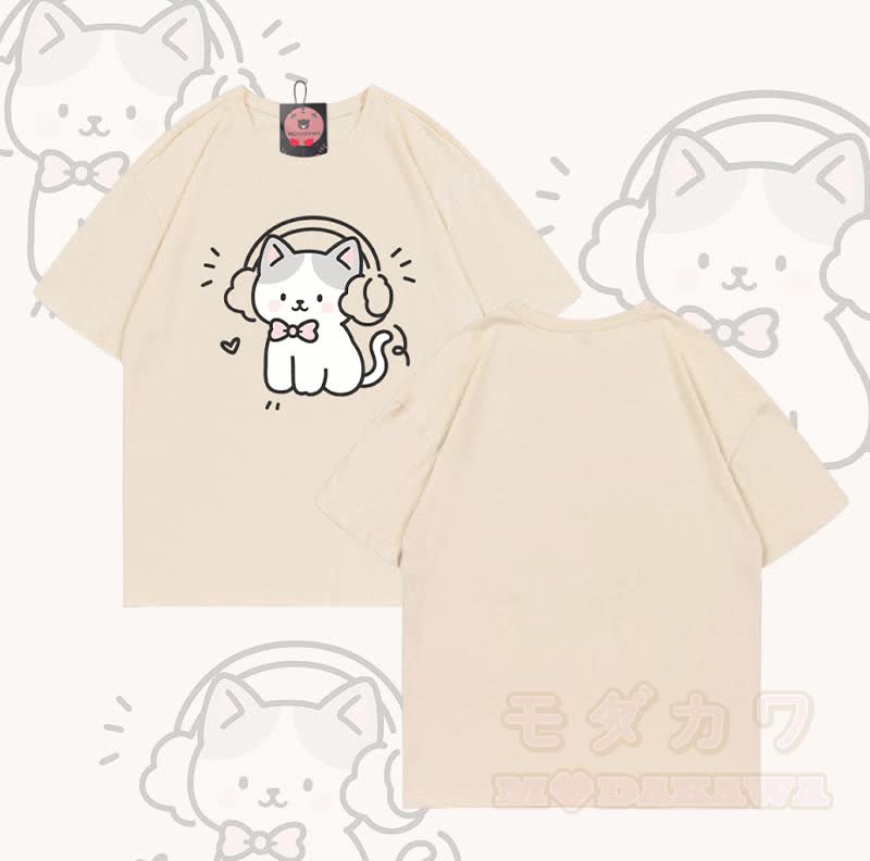 Modakawa T-Shirt mit Musikkatzen-Motiv aus 100 % Baumwolle - Aprikose - 5XL - image 6