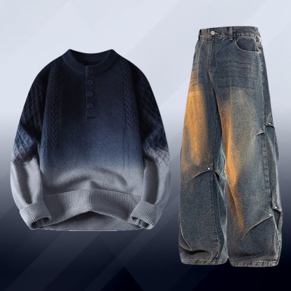 Zweiteiler: Farbverlauf-Zopfstrickpullover und Jeans - Set D - 3XL - image 4