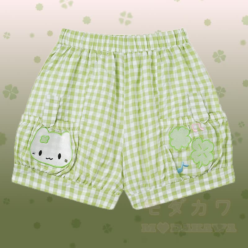 Polka Dot Cat Graphic One Shoulder T-Shirt Kitty Gingham Shorts Modakawa Matching Outfit - Grüne Shorts - L - image 7