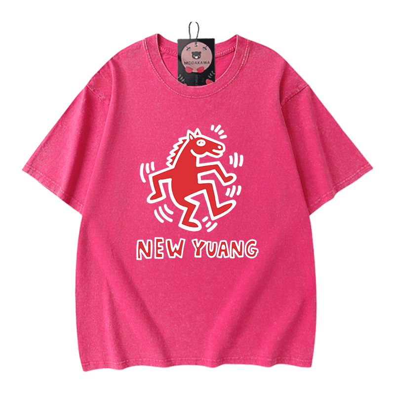 NEUES YUANG Pferde-Grafik Modakawa Unisex Vintage Washed T-Shirt - Rose Red - 5XL - image 7