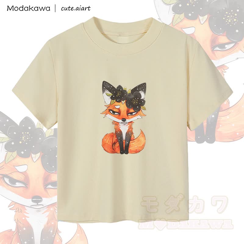 MODAKAWA X cute.aiart Damen-Crop-Top mit Blumen- und Fuchsmotiv, 92 % gekämmte Baumwolle - Aprikose - XL - image 3