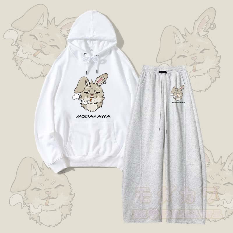 MODAKAWA Smoking Bunny Grafik-Hoodie und weite Hose Zweiteiliges Set - Weiß & Grau - 5XL - image 5