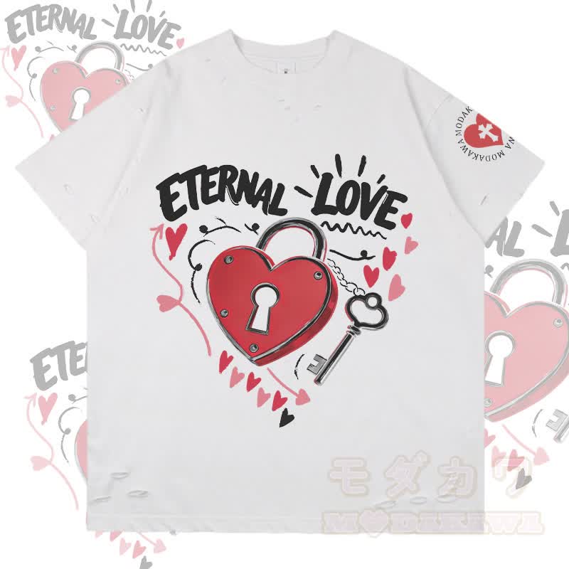 MODAKAWA ETERNAL LOVE Herzförmiges Schloss-Grafik-T-Shirt mit Rissen - Weiß - 2XL - image 4