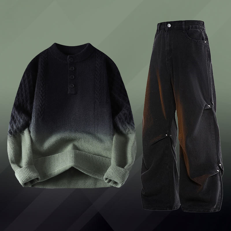 Zweiteiler: Farbverlauf-Zopfstrickpullover und Jeans - Set E - 3XL - image 5