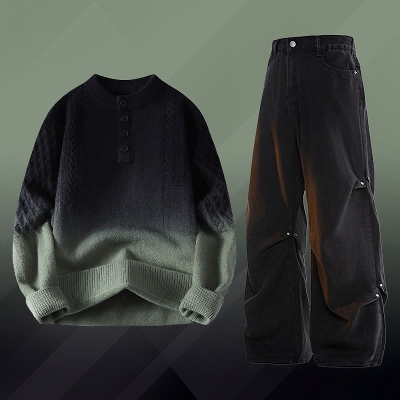 Zweiteiler: Farbverlauf-Zopfstrickpullover und Jeans - Set E - 3XL - image 5