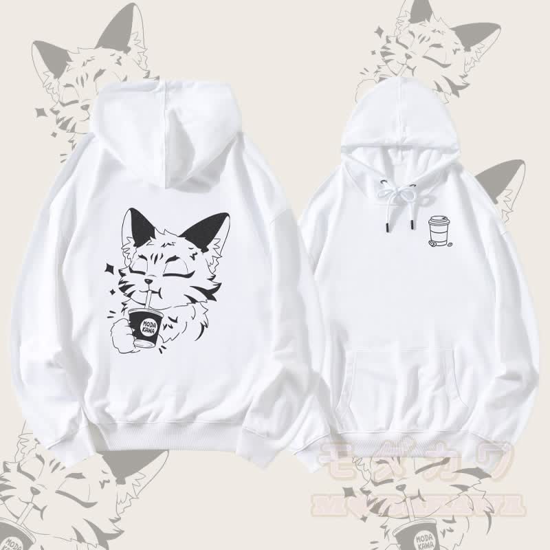 MODAKAWA Streetwear Pullover Hoodie mit Fuchsmotiv, der ein Getränk trinkt - Weiß - 5XL - image 3