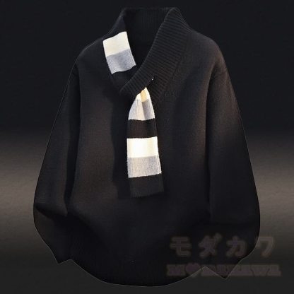 Zweiteiliges Set: V-Ausschnitt-Strickpullover mit Streifenmuster, Farben abgesetzte, fleecegefütterte Hose - Schwarzer Pullover - 4XL - image 4