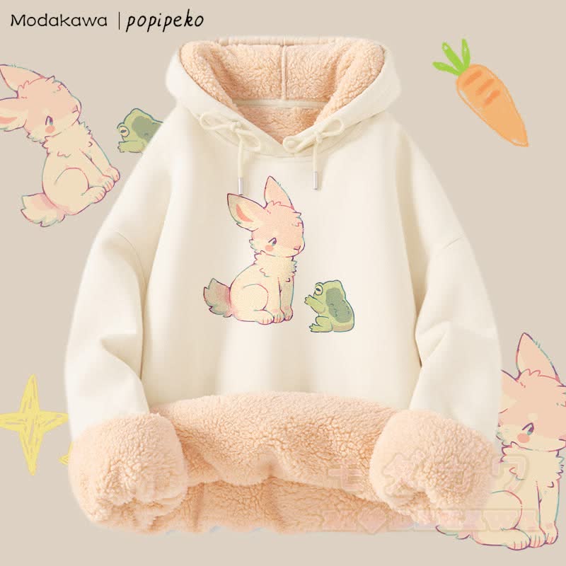 MODAKAWA X popipeko Winterhoodie mit Hasen- und Froschmotiv, dick gefüttert mit Fleece - Aprikose - 2XL - image 3