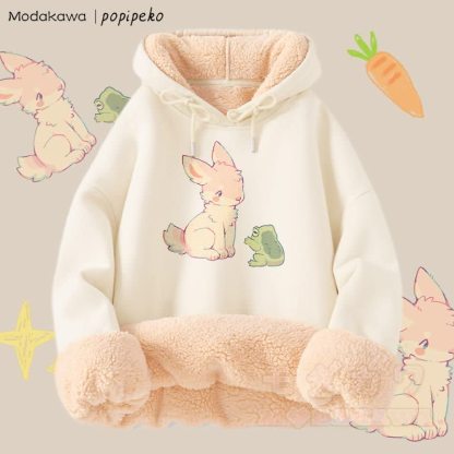 MODAKAWA X popipeko Winterhoodie mit Hasen- und Froschmotiv, dick gefüttert mit Fleece - Aprikose - 2XL - image 3
