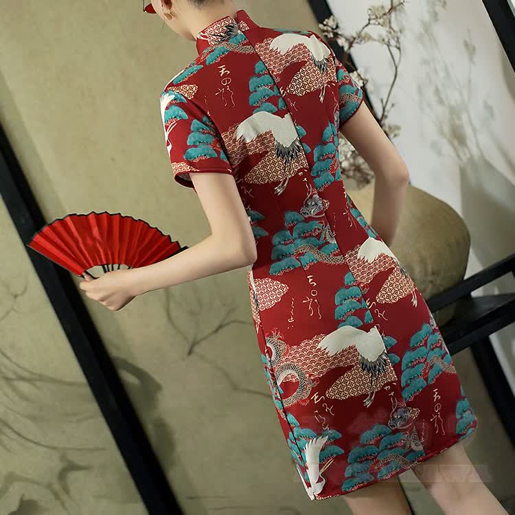 Qipao-Kleid im chinesischen Stil mit Drachen- und Kranichmotiv, Stehkragen und kurzen Ärmeln - image 7