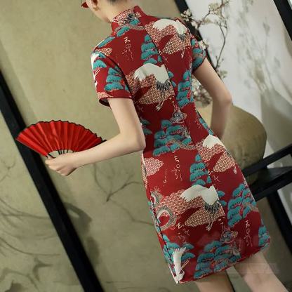 Qipao-Kleid im chinesischen Stil mit Drachen- und Kranichmotiv, Stehkragen und kurzen Ärmeln - image 7