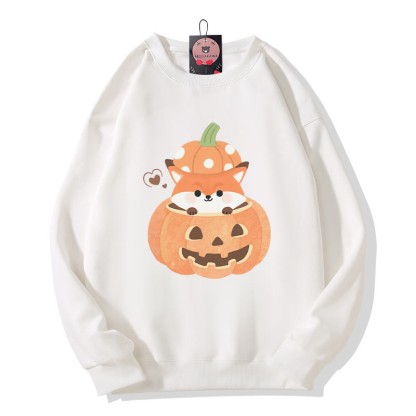 Fuchs sitzt in Kürbis Halloween-Grafik Rundhals-Sweatshirt - White - 5XL - image 4