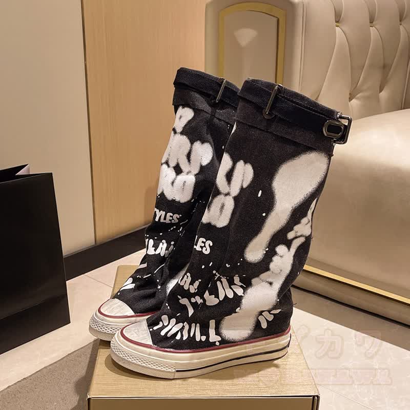 Vintage Graffiti High Top Canvas Plated Mid Calf Boots - Schwarz - 40 - image 5