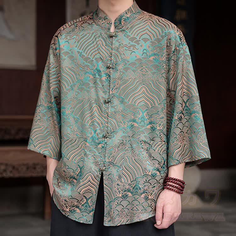 Oversize-Hemd mit Drachen-Jacquard-Muster und Stehkragen - Wolkengelbgrün - 5XL - image 5