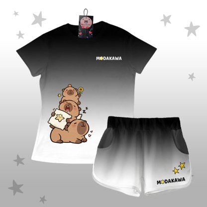 T-Shirt mit Farbverlauf und Capybara-Grafik, Shorts mit Buchstabengrafik von Modakawa, passendes Outfit - Black & White Set - 5XL - image 3