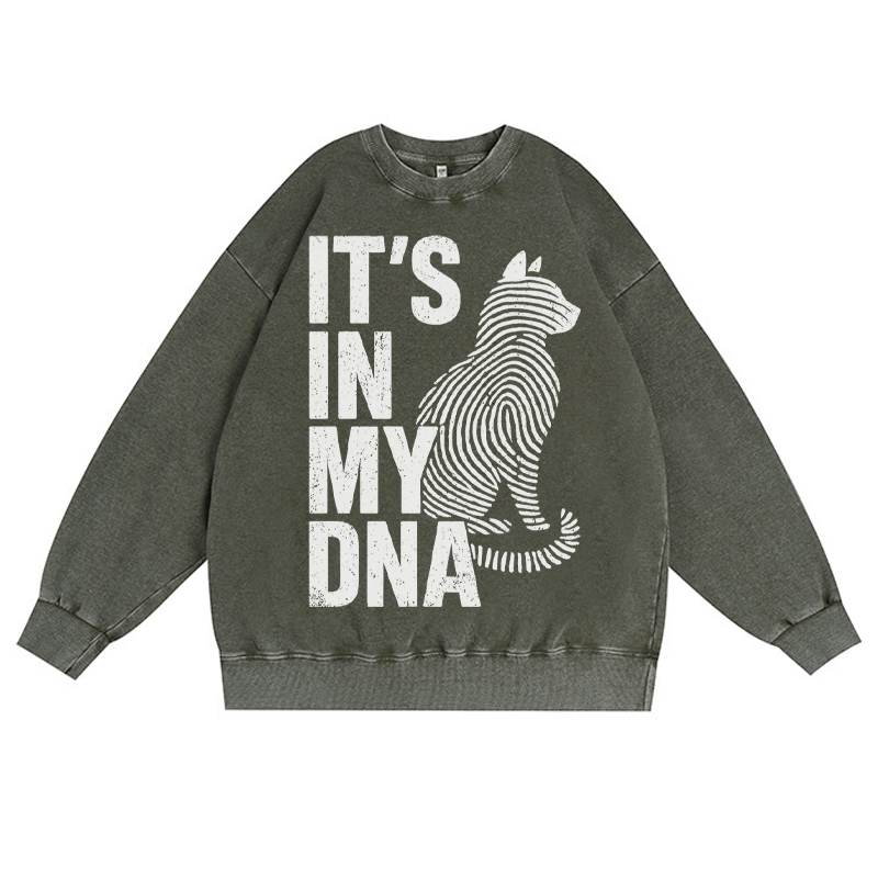 IT'S IN MY DNA Katzenliebhaber Unisex Vintage Washed Sweatshirt Fingerabdruck Grafik Crewneck Pullover - Dunkelgrün - 3XL - image 4