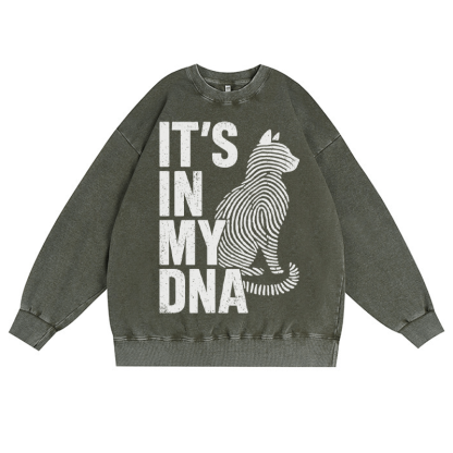 IT'S IN MY DNA Katzenliebhaber Unisex Vintage Washed Sweatshirt Fingerabdruck Grafik Crewneck Pullover - Dunkelgrün - 3XL - image 4