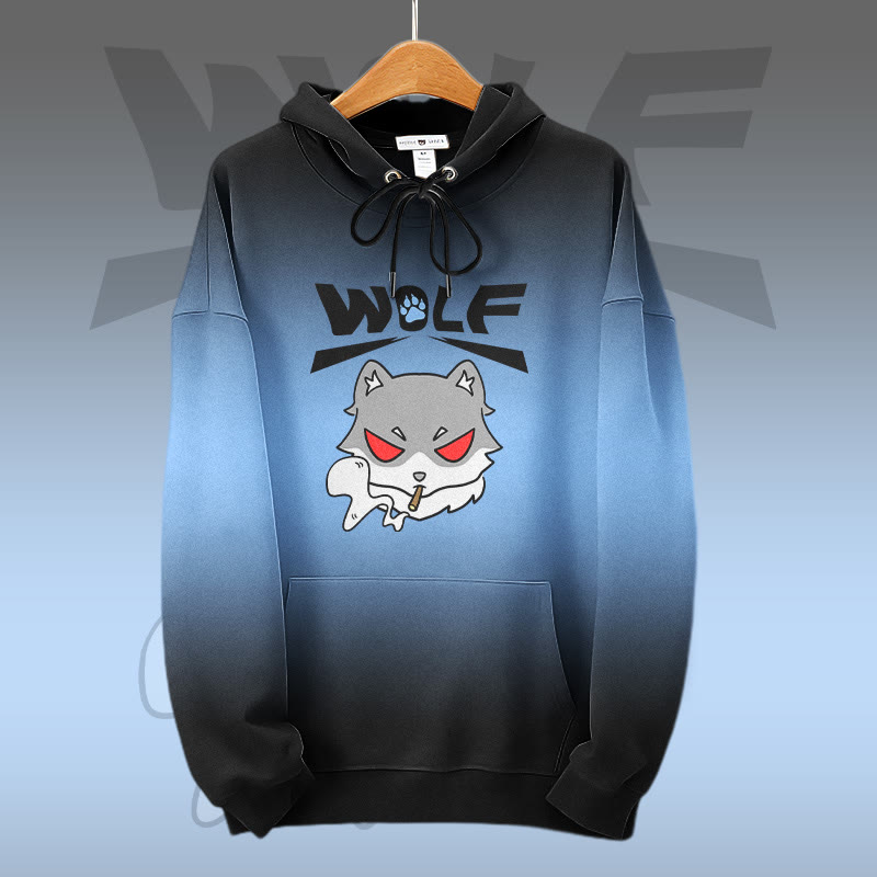 MODAKAWA Pullover-Hoodie mit Farbverlauf und Allover-Print eines rauchenden Wolfs - Dark Blue - 8XL - image 4