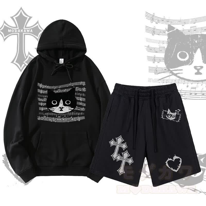 MODAKAWA Pullover-Hoodie mit Musiknoten-Katzenmotiv, Kreuzflammen- und Herzmotiv, Shorts mit Kordelzug, zweiteiliges Set - Schwarz - 2XL - image 3