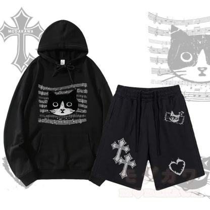 MODAKAWA Pullover-Hoodie mit Musiknoten-Katzenmotiv, Kreuzflammen- und Herzmotiv, Shorts mit Kordelzug, zweiteiliges Set - Schwarz - 2XL - image 3