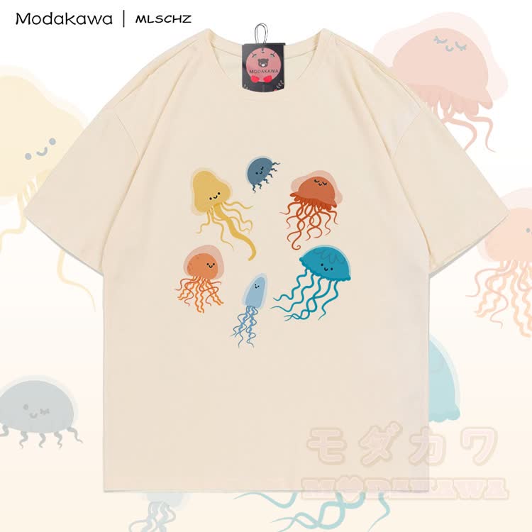 MODAKAWA X MLSCHZ Quallen-Grafik T-Shirt aus 100 % Baumwolle, passende Shorts mit Farbverlauf - Aprikosenfarbenes T-Shirt - 5XL - image 6