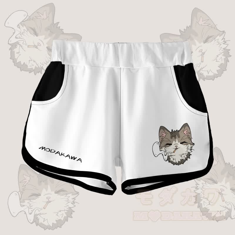 MODAKAWA Shorts mit Farbverlauf und rauchender Katze Grafik - Weiß - 5XL - image 4