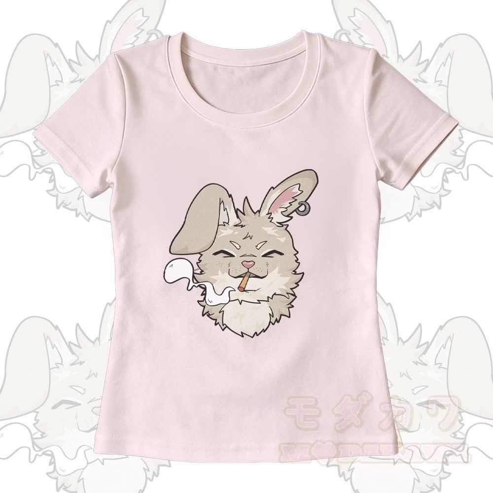 Smoking Bunny Grafik-T-Shirt mit U-Ausschnitt und dazu passende Hose mit weitem Bein - Hellrosa T-Shirt - XL - image 4