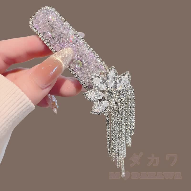 Elegante Haarspange mit Strass-Glockenquaste und Kette - Glitzernde rosa Haarspange mit Blumenquaste - image 11