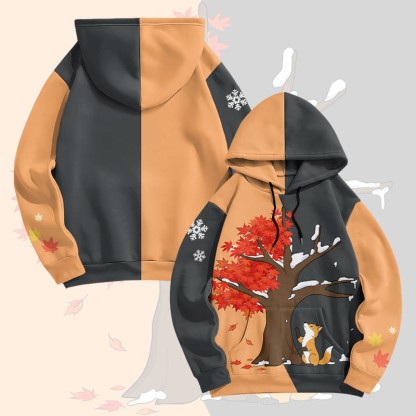 MODAKAWA Pullover-Hoodie mit Fuchs-unter-dem-Ahornbaum-Grafikprint - Orange&Grey - 8XL - image 2