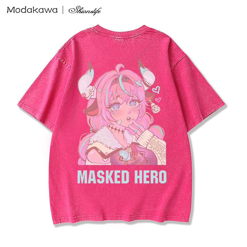 MODAKAWA X Shionslife Masked Hero gewaschenes T-Shirt aus 100 % Baumwolle - Rose Red - 5XL - image 5