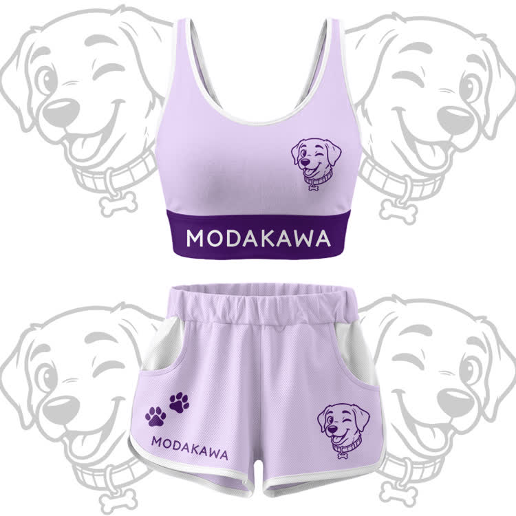 Happy Puppy Grafik-Crop-Tanktop, Sport-Top, Shorts, Bikini, Modakawa passendes Outfit - Purple Set - 5XL - image 12