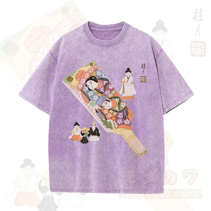 MODAKAWA Vintage-Top aus gewaschener, übergroßer Baumwolle mit traditionellem japanischem Schriftzeichen-Print und kurzen Ärmeln - Lila - 5XL - image 7