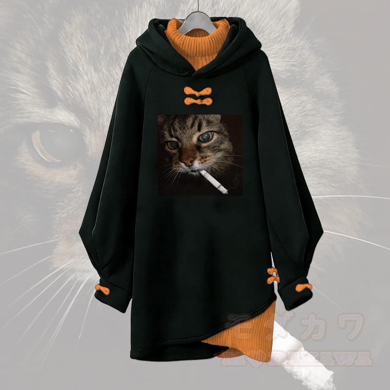 Smoking Cat Graphic Modakawa Buckle Vintage Kapuzenpullover Kleid - Orange - 3XL - image 3
