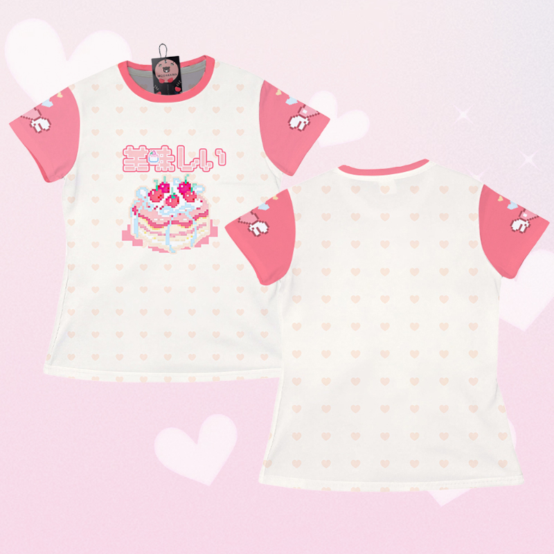 Modakawa Farben Block T-Shirt mit süßer Kuchengrafik - Pink - 5XL - image 2