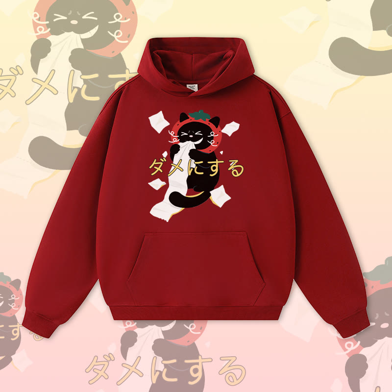 Modakawa warmer, dicker Hoodie mit frechem Erdbeerkatzen-Motiv - Red - 3XL - image 4