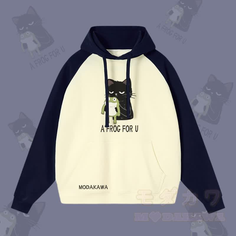 A FROG FOR U – Streetwear-Hoodie mit schwarzer Katze und Frosch-Grafik in Farben -Optik - Purpurblau & Aprikose - 3XL - image 3