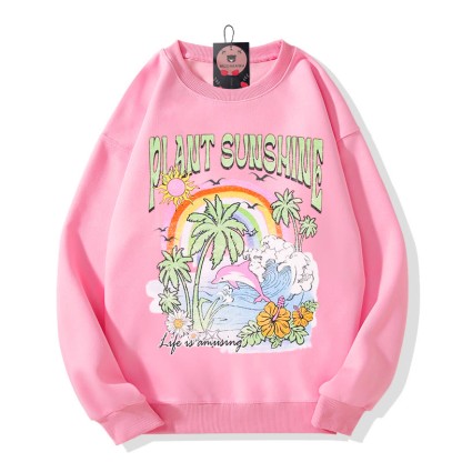 Modakawa Sweatshirt mit Baum- und Meeresprint und Rundhalsausschnitt - Pink - 5XL - image 4