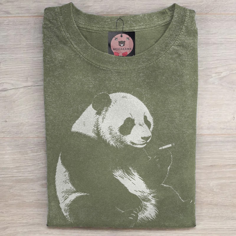 MODAKAWA Smoking Panda Grafik Unisex Vintage Washed T-Shirt - Green - 5XL - image 4